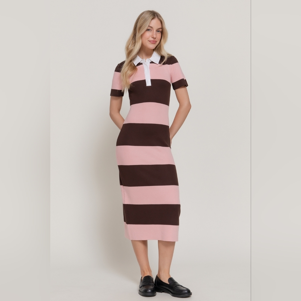 ​Active USA Striped Knit Polo Midi Dress - Pink & Brown Preppy Collared Bodycon